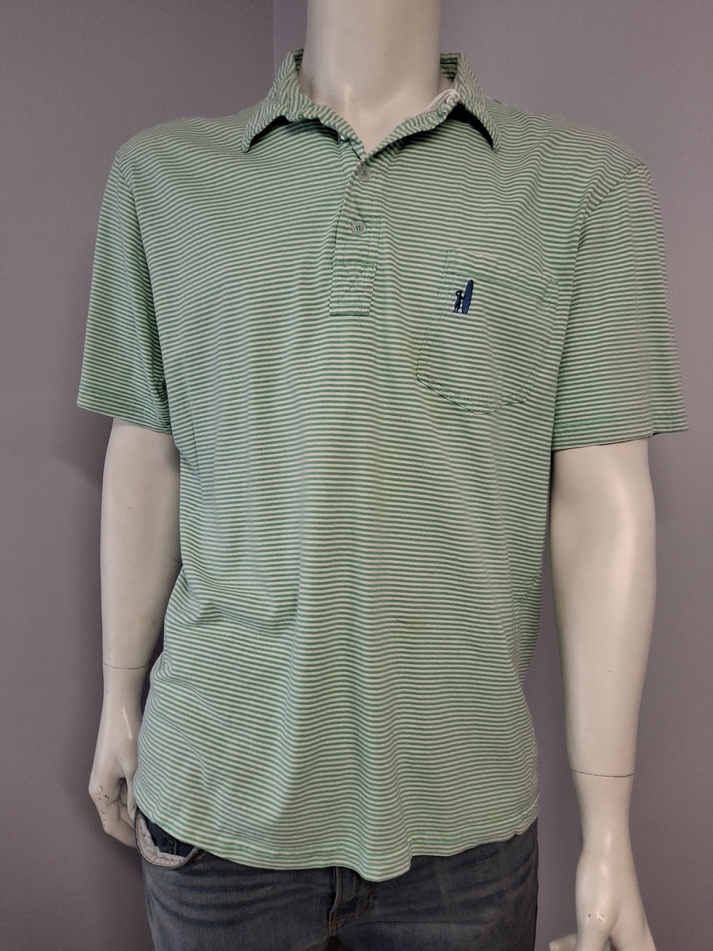 johnnie-O Men's Green/White Striped Collared Short Sleeve Cotton Polo XL Logo